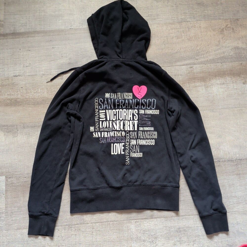 PINK Victoria's Secret San Francisco Bling Hoodie Medium Black Sweatshirt Wings